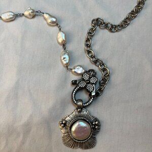 Fashion Statement Necklace Long 19" Silver Tone with Flower and Pearls